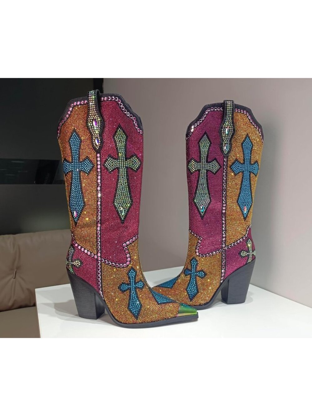 Women's Multi Rhinestone Cross Western Pointed Toe Knee High Cowboy Boots - Picture 5 of 6